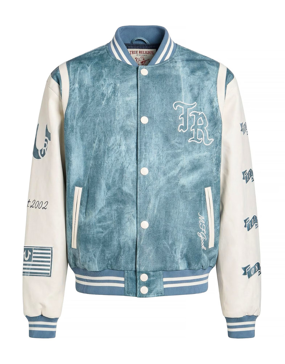 TRUE RELIGION Denim Print Varsity Jacket 109881 Cerulean Blue size 2XL New